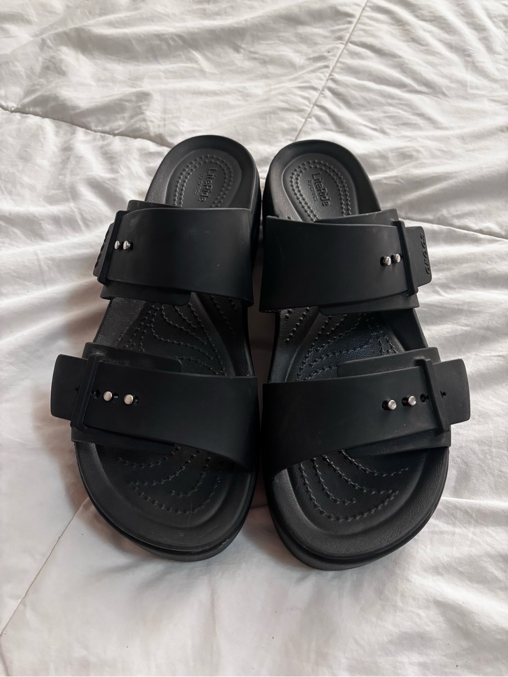 Crocks Black Platform Double-Strap Slide Sandals